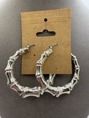 Silver Tone Bamboo Hoop Earrings Large Statement Hoops Boho Chic